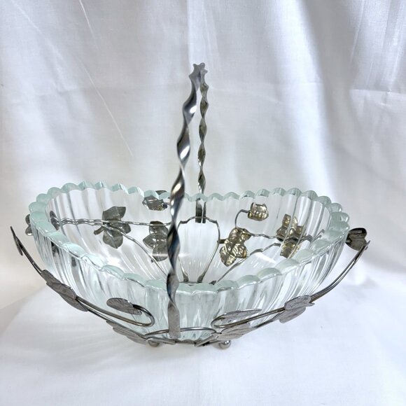 Vintage Clear Glass Basket Bowl w/ Silver Plated Metal Handle & Leaf Design 9.5 - Picture 2 of 14